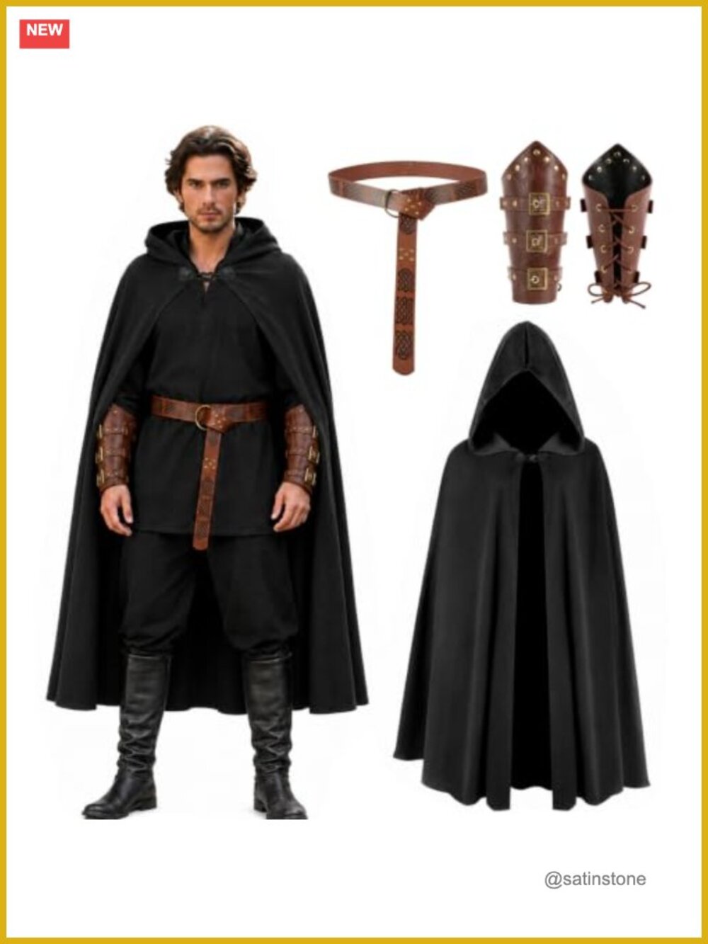 Medieval Hooded Cloak Suede 3Pc Renaissance Cape Belt Wristbands Costume